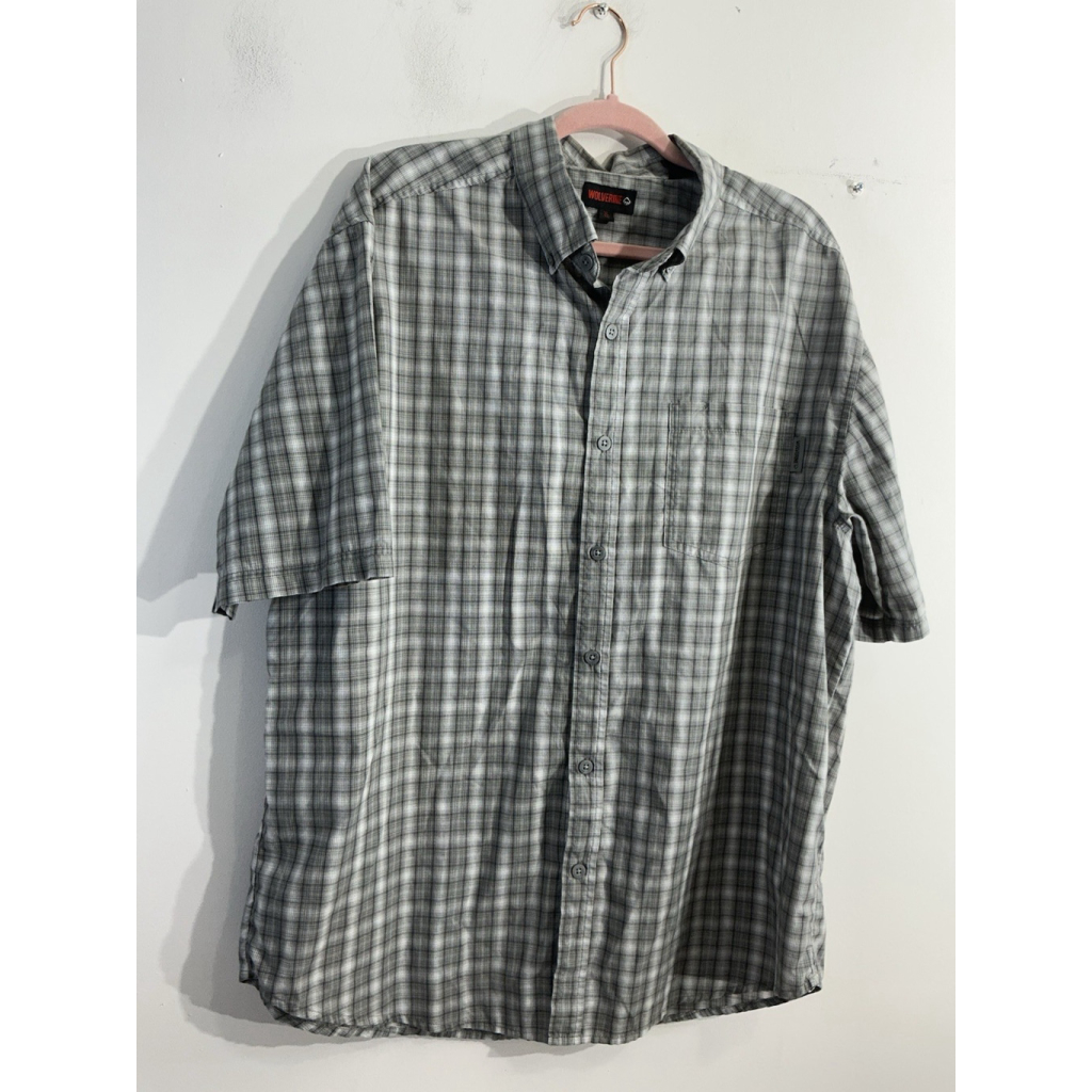 Men’s Wolverine Short Sleeve Dress Shirt Xl Gray Checkered Button Down Collar